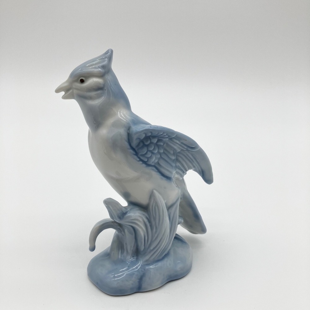 Transpac Porcelain Blue Jay Figurine 4.75" Muted Blue White Glossy Bird Decor